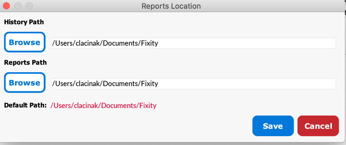 Reports location window screenshot